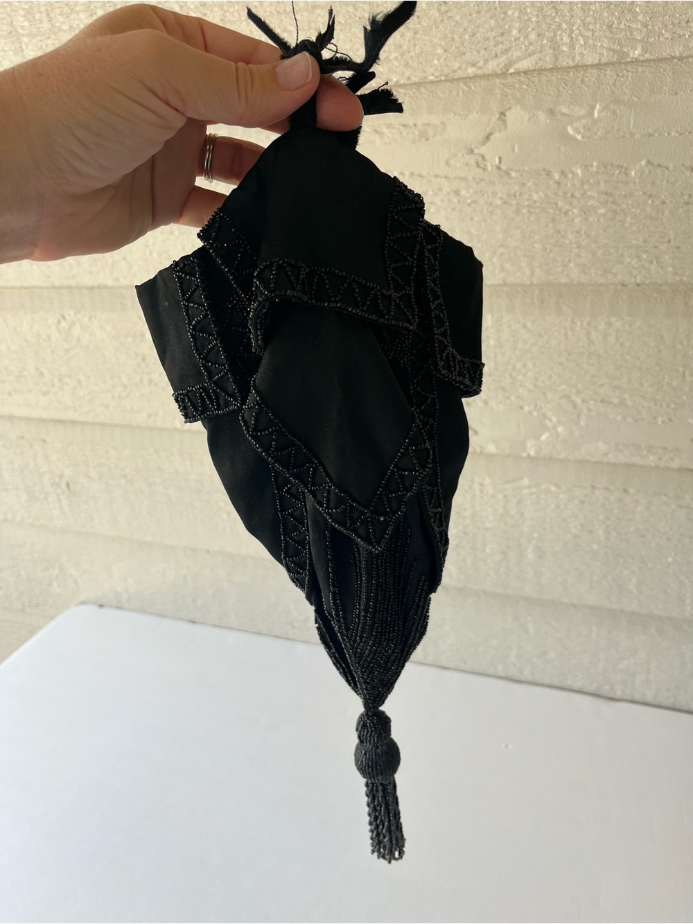 Vintage 1920s Black Beaded Drawstring Reticule Purse Tassel Evening Bag Taffeta - Picture 11 of 14